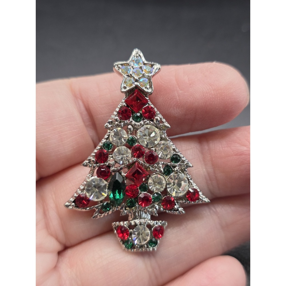 Vintage Red Green Clear & AB Rhinestone Christmas Tree Silvertone Brooch